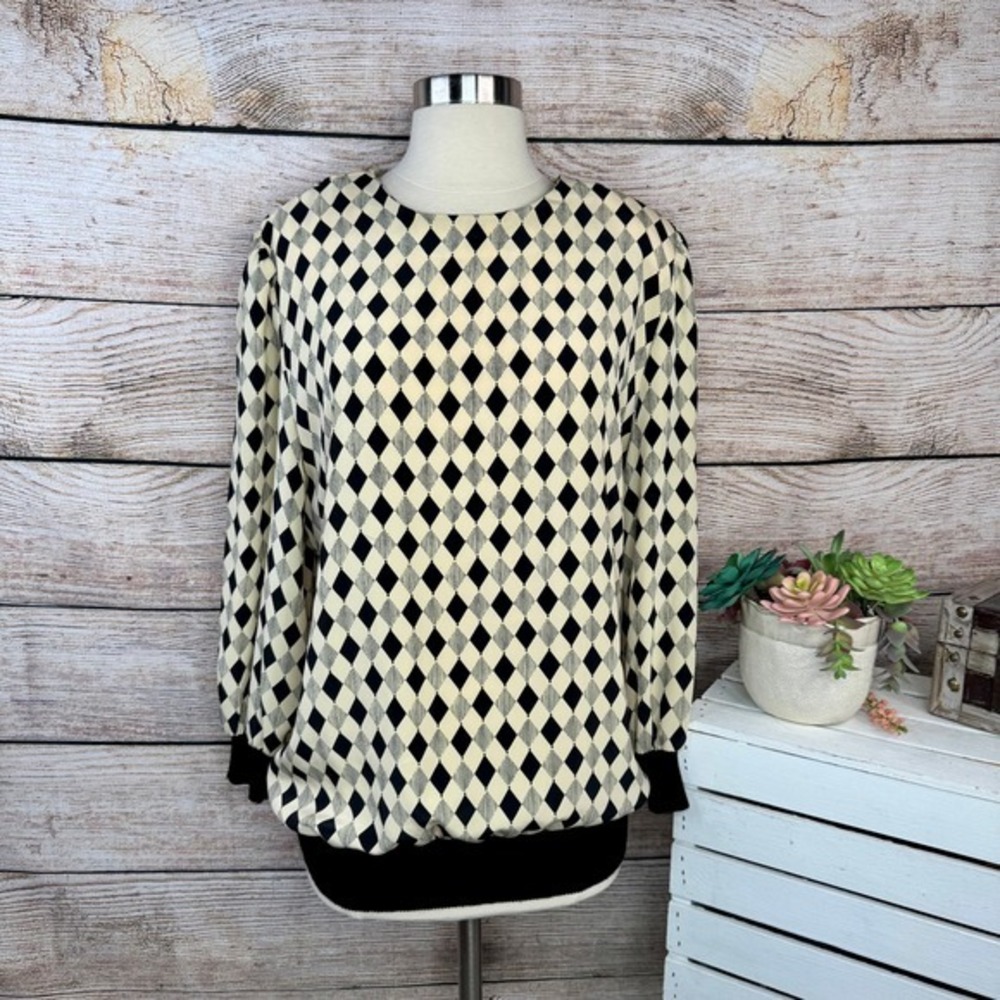 5/$25 Townhouse Vintage Diamond Print Blouse Long Sleeve‎ Top Geometric Size 14